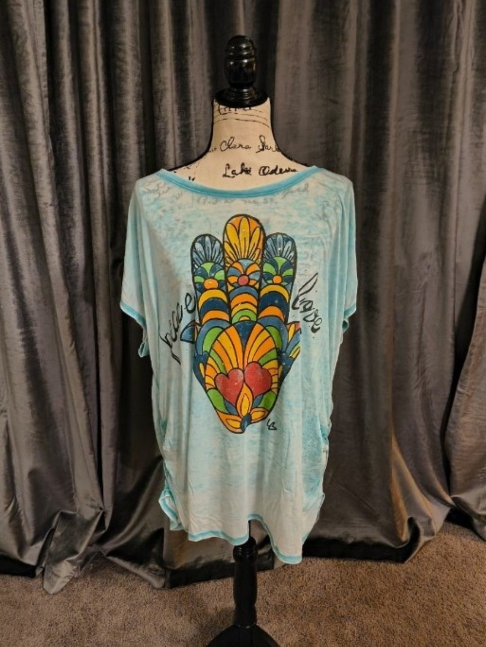 Lane Bryant Light Blue Graphic Hamsa Tee with Multicolor Heart Design